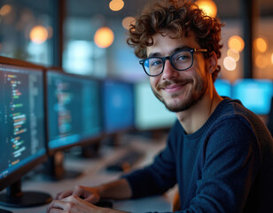 Fototapeta na wymiar Young man with curly hair, glasses smiles working on code on multiple computer monitors. In tech hub focused on data security, privacy tools for wearables. Represents innovation, programming, modern