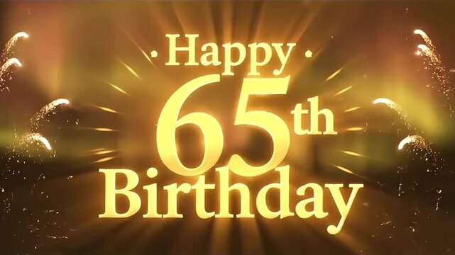 Elegant Happy 65th Birthday Greeting with Golden Light Rays and Sparkling Fireworks