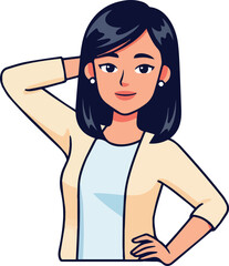 A beautiful young woman with short black hair in a confident pose, depicted as a stylish cartoon character vector illustration