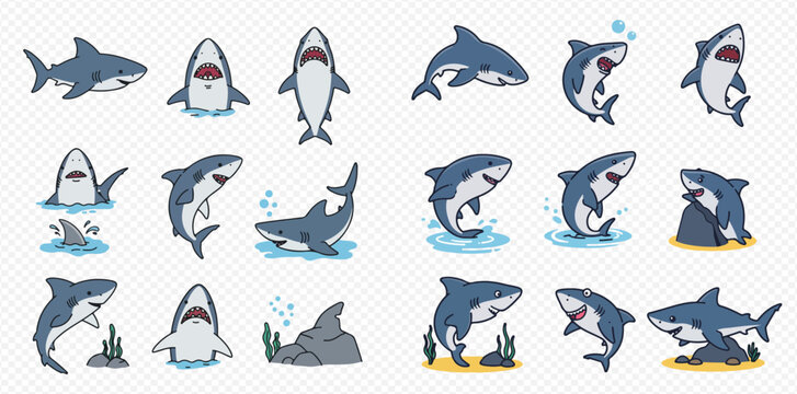 A collection of cute cartoon sharks in various dynamic poses and actions, including swimming, jumping, and emerging from water.