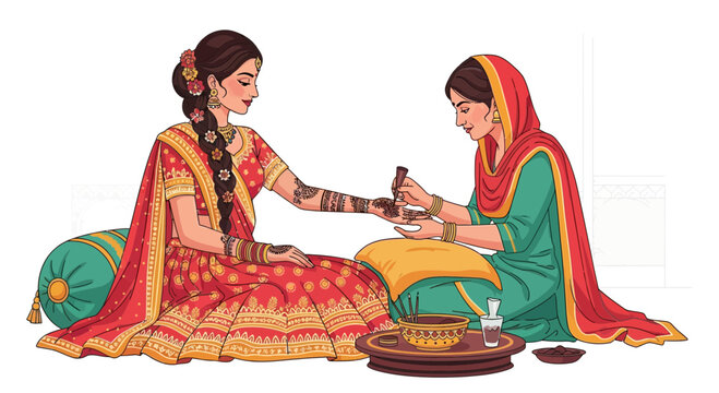 Traditional Indian Mehndi Ceremony: Woman receiving intricate henna art on her hand for a cultural celebration or wedding
