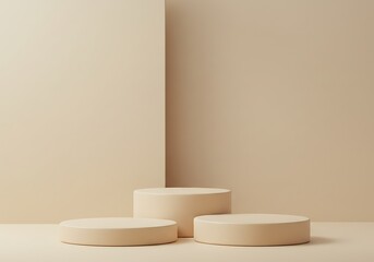 Minimalist product display background with podiums in beige color scheme