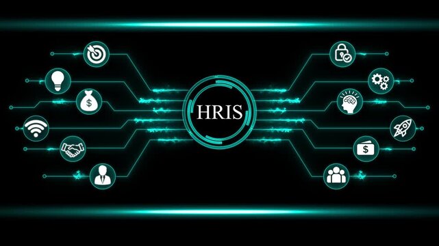 HRIS Human Resources Information System concept with icons and circuit board design on black background