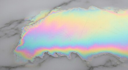 Iridescent oil slick on a marble surface, showing rainbow colors due to light interference.