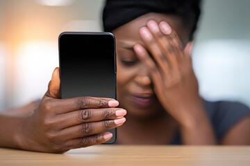 A woman holds a phone, her face covered by her hand, expressing distress
