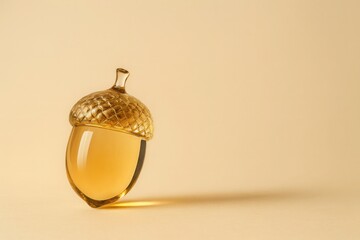 Elegant glass acorn on beige background with golden glow and empty space for text autumn concept symbolizing growth transparency investment and seasonal business marketing visuals