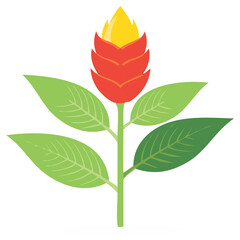 Stylized Tropical Red Flower with Yellow Petals and Green Leaves Illustration
