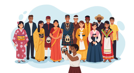 People from different cultures in traditional clothing taking a selfie, celebrating global diversity and unity