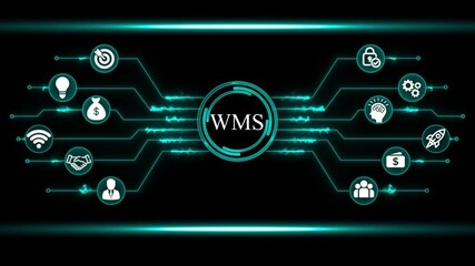 Futuristic digital network diagram with WMS in center and business icons Warehouse Management System - Powered by Adobe