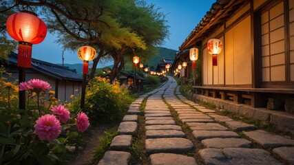 Obraz premium Serene evening stroll along a lantern-lit stone path in a traditional village, surrounded by blooming flowers