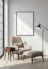Modern Interior with Armchair Lamp and Blank Frame for Artwork display
