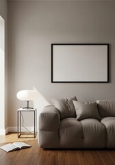 Modern Living Room Interior Design with Gray Sofa and Blank Frame