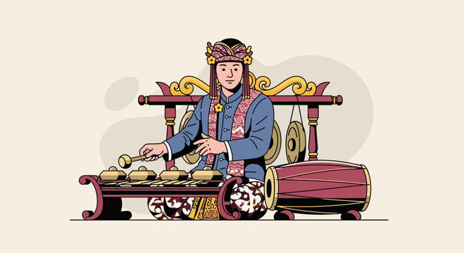 Traditional Indonesian Gamelan Musician Performance Illustration