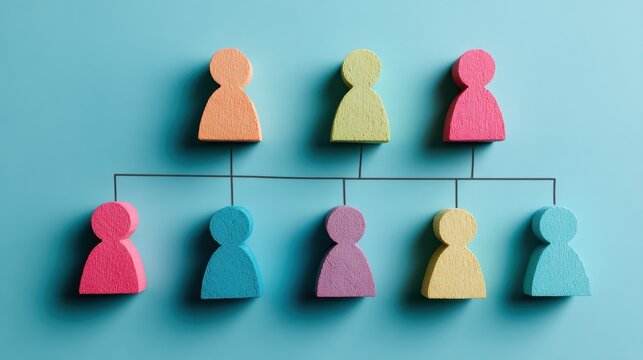 Vibrant Lineup of Interconnected Wooden Figures on a Blue Backdrop Ideal for Business Presentations, Strategic Planning Team Cohesion.