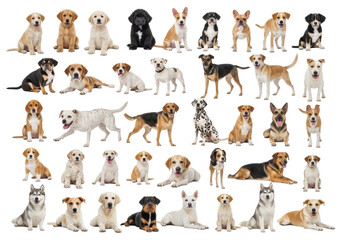 A large collection of diverse dog breeds and ages, from playful puppies to majestic adults like Golden Retrievers and Huskies, on a transparent studio background with high-key lighting, joyful
