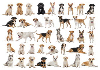 A large collection of diverse dog breeds and ages, from playful puppies to majestic adults like Golden Retrievers and Huskies, on a transparent studio background with high-key lighting, joyful
