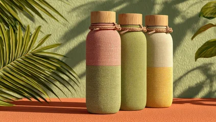 Fototapete Badezimmer Three pastel-colored reusable water bottles, light beige lids, on an orange surface, with tropical plants in the background  © Ummu