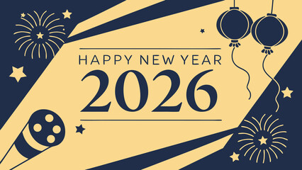 Fototapeta premium Celebrate 2026 with festive fireworks, lanterns, and stars in a dynamic modern design
