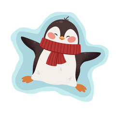 Cartoon baby penguin on white background. Penguin making snow angel. Vector children's character, Christmas animal.