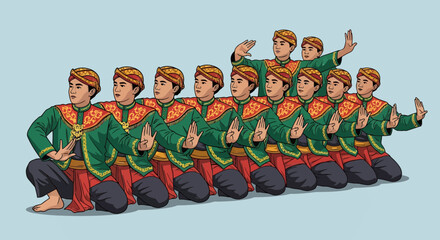Young Men Performing Synchronized Traditional Cultural Dance in Formation