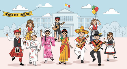 Obraz premium Diverse Children in Traditional Costumes Celebrate School Cultural Day with Music and Balloons