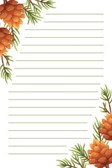 Christmas note sheet, vector template for notebooks, notes, winter checklist. Printed sheet with fir branches and pine cones, lines for notes