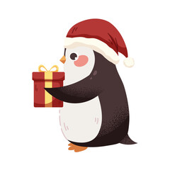 Christmas penguin holds gift. Festive penguin with box. Vector kids character isolated