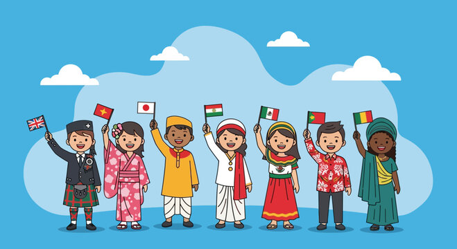 Multicultural Children with Flags: Global Kids in Traditional Attire Celebrating Diversity & World Cultures