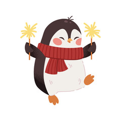 Happy penguin with sparklers. Festive penguin on white background. Vector children's character, Christmas animal.