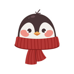 Penguin head with scarf. Winter penguin on white background. Vector children's character, Christmas animal