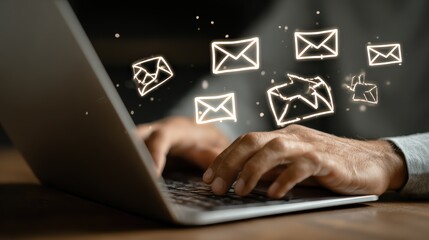 Business Professional Diligently Working on Laptop Amidst a Shower of Emails, Ideal for Digital Marketing Campaigns or Officerelated Projects, Evoking a Sense of Productivity and.