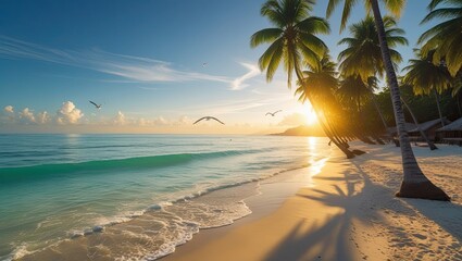 Fototapeta premium Tropical beach paradise ocean sunrise palm trees sand seagulls vacation travel destination island getaway