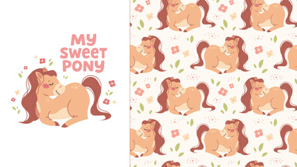Seamless pattern with cute horse and print. Small pony with long wavy mane for babies. Pastel pattern for kids products