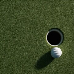 White Golf Ball on Green Putting Surface Next to Hole, Close-Up Overhead View
