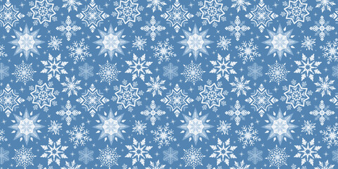 Seamless pattern with snowflakes. Snowy background, falling snowflakes. Vector winter wallpaper