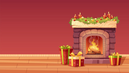 Cartoon Christmas background with a fireplace and gifts. New Year wallpaper for text, advertising sign design, posters. Vector illustration