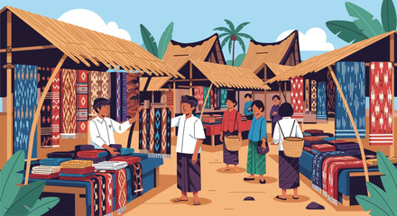 Fototapeta premium Vibrant Traditional Textile Market in Tropical Setting with Local Vendors and Shoppers