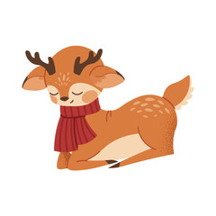 Cartoon sleeping deer. Cute baby deer on white background. Vector Christmas character