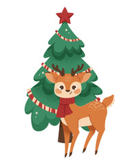 Fototapeta premium Cartoon reindeer with christmas tree. Vector isolated illustration of deer for kids