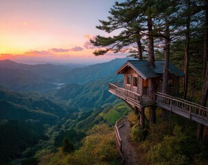 A wooden treehouse perched atop a mountain ridge at sunset