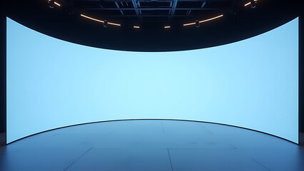 Large curved led screen display on stage for presentation or performance, with ceiling lighting rig above.