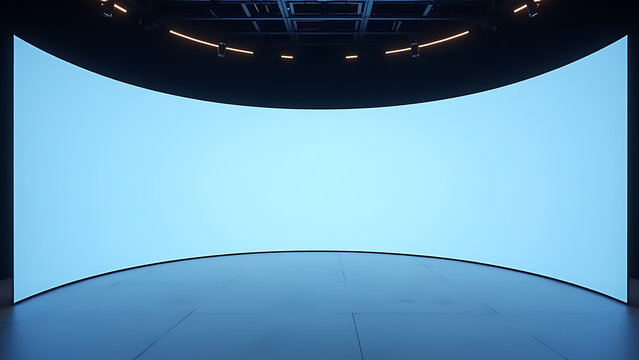 Large curved led screen display on stage for presentation or performance, with ceiling lighting rig above. - Powered by Adobe