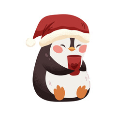 Cute penguin drinking cocoa. Winter penguin with Santa hat on white background. Vector children's character, Christmas animal