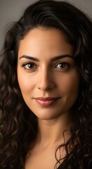Obraz premium Portrait of a beautiful young woman with curly dark hair and expressive brown eyes.
