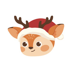Reindeer head in Santa hat. Cute Christmas deer, cartoon New Year character. Isolated vector