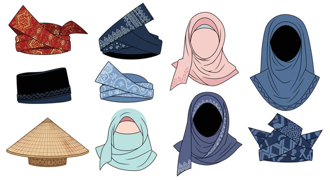 Traditional Southeast Asian & Islamic Headwear Collection: Tanjak, Songkok, Hijab, Conical Hat Illustration Set