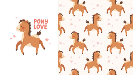 Seamless pattern with cute brown horse and print. Small pony for babies. Pastel fabric swatch