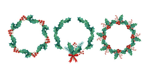 Round wreaths with holly and red berries. Winter greenery, round frames for designs and invitations. Christmas holly