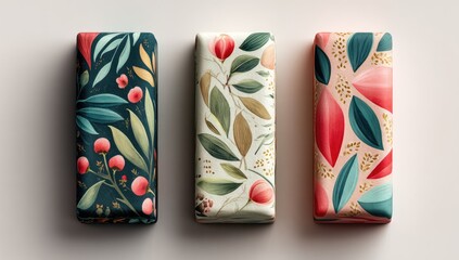 Three rectangular gift boxes, each with a unique floral design