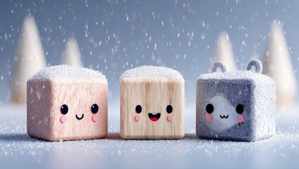 Three kawaii wooden blocks, dusted with snow, in a winter scene